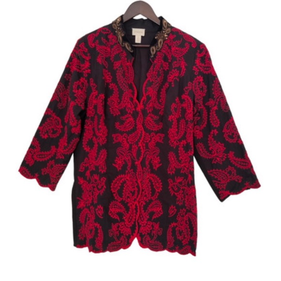 Chico's 2 Floral Paisley Embroidered Jacket Red & Black Embellished Jacket - Picture 3 of 9